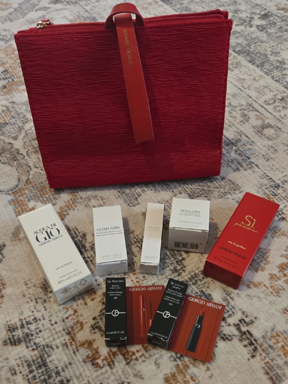 Giorgio Armani Red Textured Cosmetic Pouch with Fragrance & Sample Set